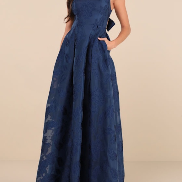 Lulus Dresses & Skirts - Lulus Perfected Aura Navy Jacquard Tie-back Maxi Dress With Pockets Blue